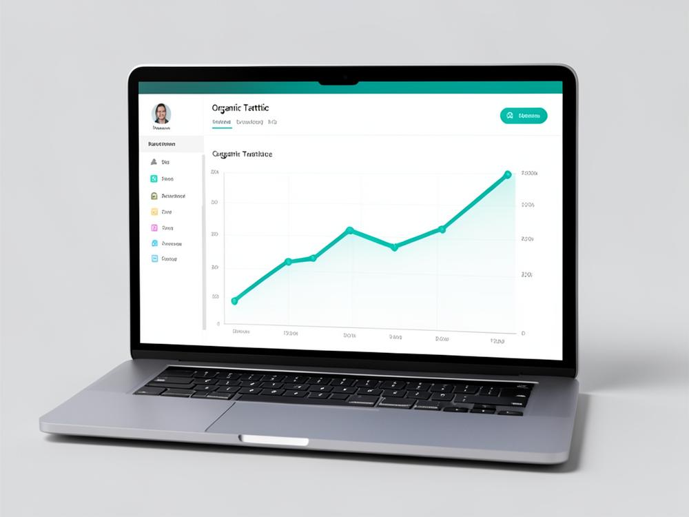 Laptop mockup of an SEO dashboard with rising organic traffic chart